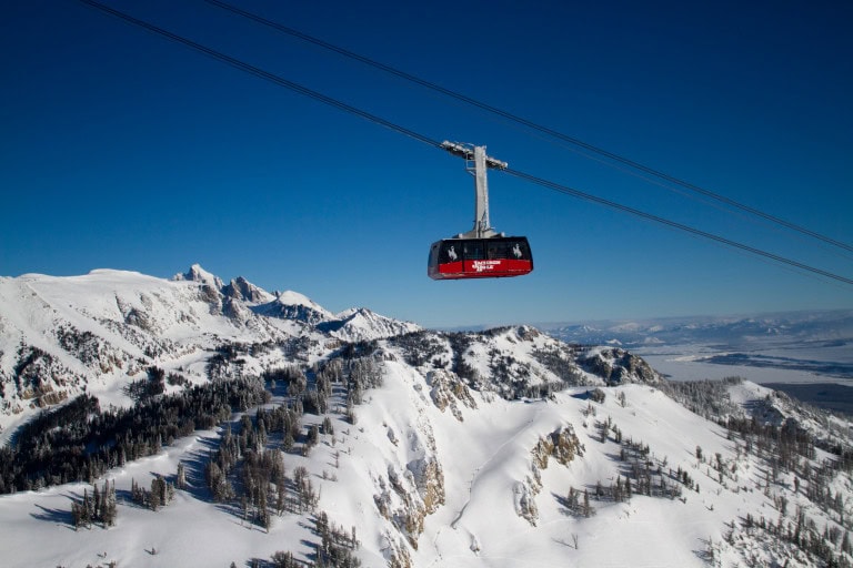 Cable car ascending snowy mountain with trees and clear blue sky.