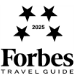 A group of five stars and the Forbes logo with the tagline "Travel + Leisure" beneath.