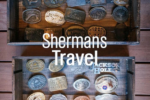 Coins in wooden display boxes, with "Shermans Travel" text overlay.