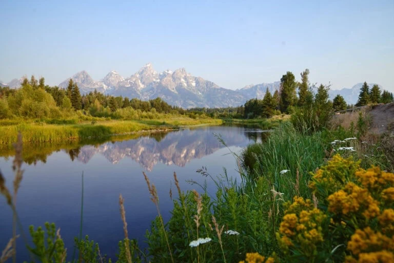 Scenic view of the Snake River with snow-capped mountains in the background.