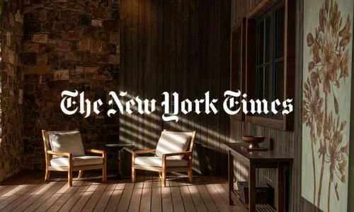 The New York Times logo on a wall with two chairs and a side table in a cozy room.