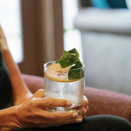 Person holding a glass of water with lemon and mint leaves.
